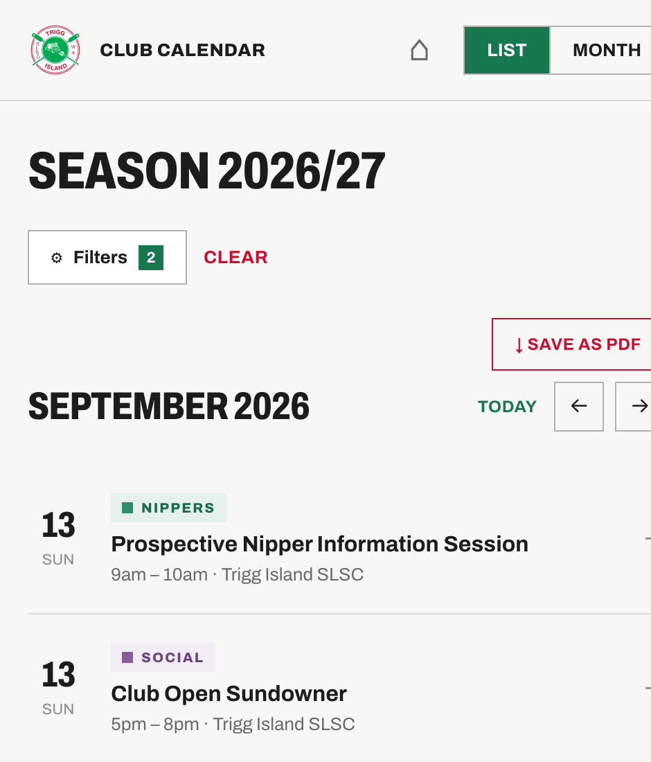 The calendar filtered down to Nippers and Social events