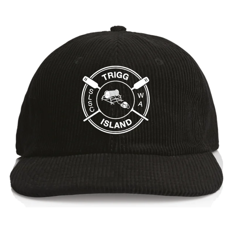 Black corduroy cap with the Trigg Island club crest printed in white