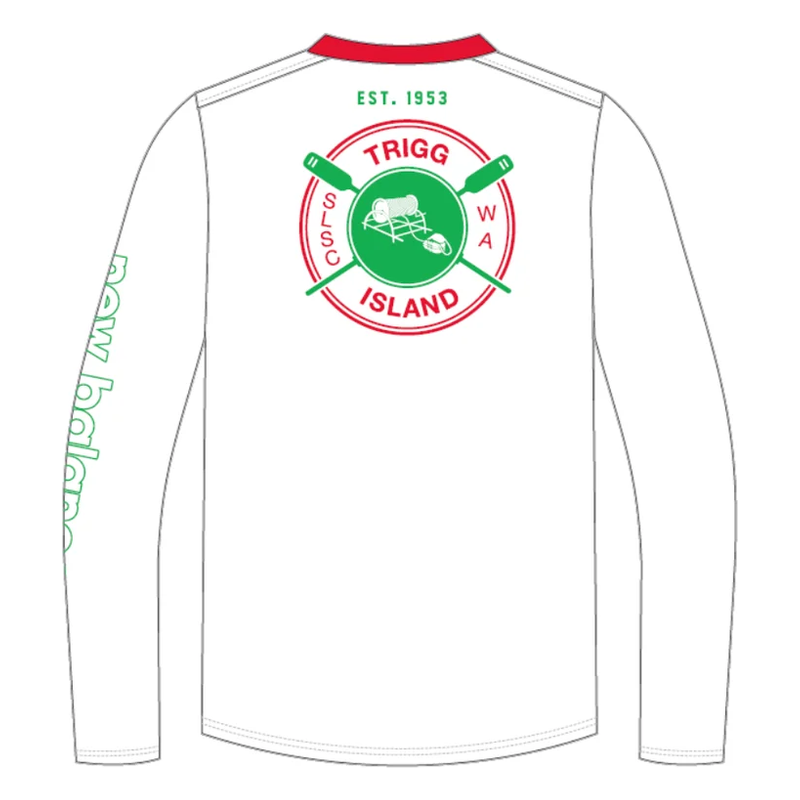 The back of the same tee, with the round Trigg Island club crest between the shoulders