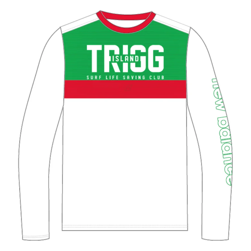 White long sleeve tee with a green and red chest panel reading Trigg Island Surf Life Saving Club